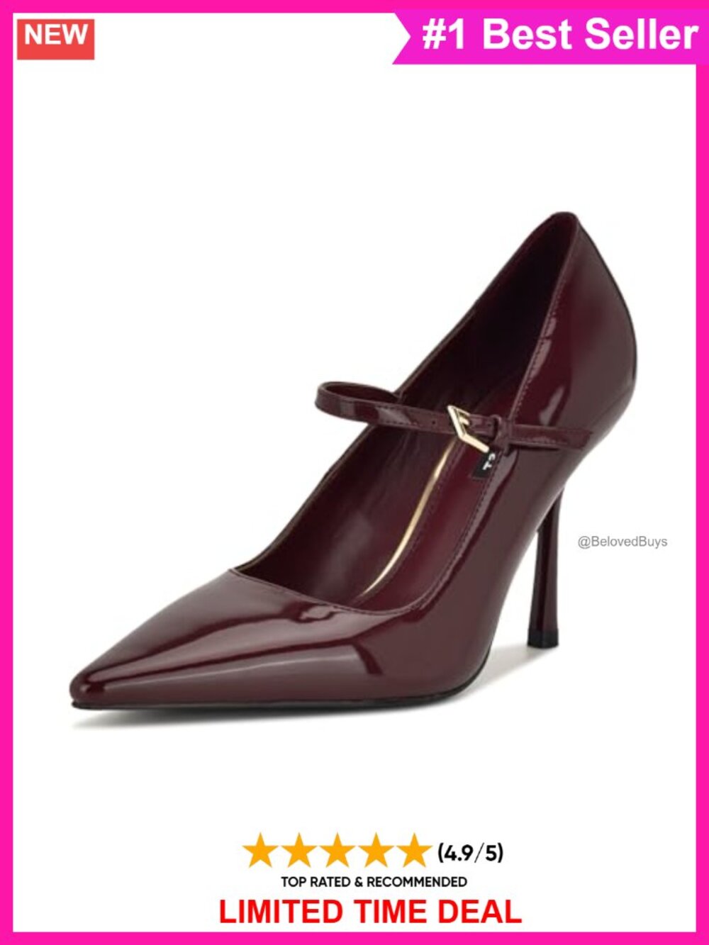 Nine West Pointy Toe Stiletto Pump Faux Patent Leather Ankle Strap Formal Heel